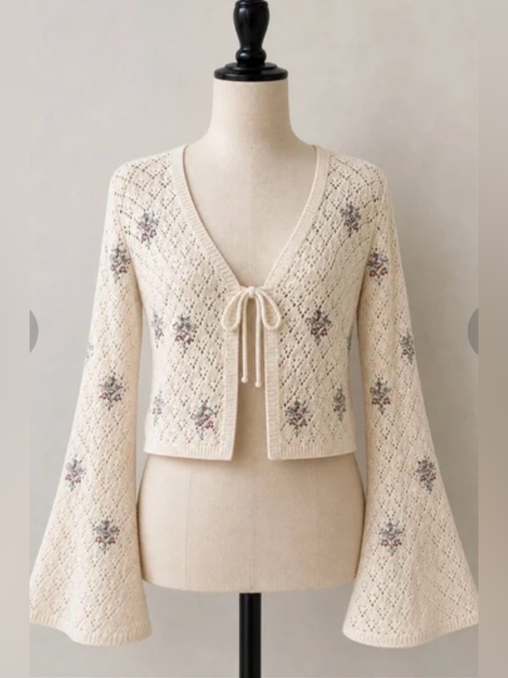 Sincerely Jules Cream Tie-Front Crochet Knit Sweater Cardigan